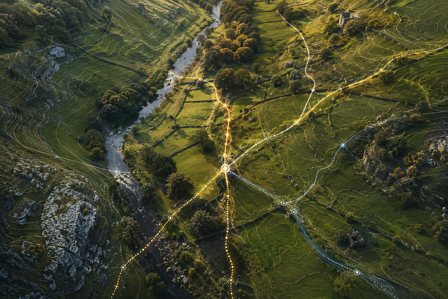BACKED BY PERFORM PARTNERS aside. Photorealistic top-down aerial drone photograph of a broad authent